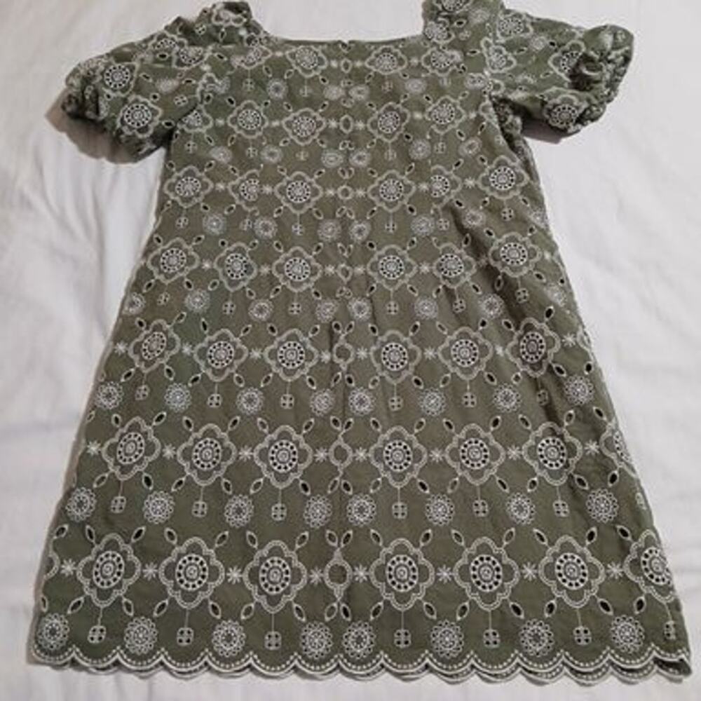 TALBOTS 14 olive green short-sleeved embroidered a-line fully-lined 100% cotton